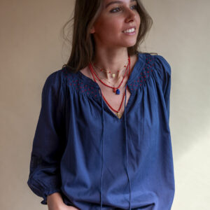 blue natural cotton blouse and red dot embroidery