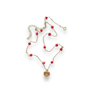 silver and coral necklace with heart