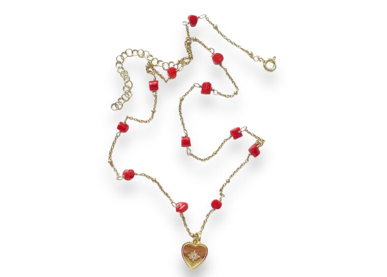 silver and coral necklace with heart